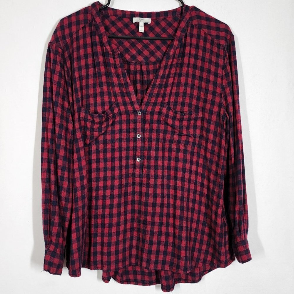 Joie Buffalo Plaid Flannel Shirt Button Front V-Neck Patch Pocket Swing Style Lg